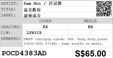 [Pre-owned] Sam Hui / 許冠傑 - 最喜歡你