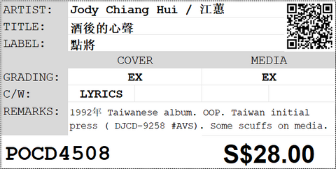 [Pre-owned] Jody Chiang Hui / 江蕙 - 酒後的心聲
