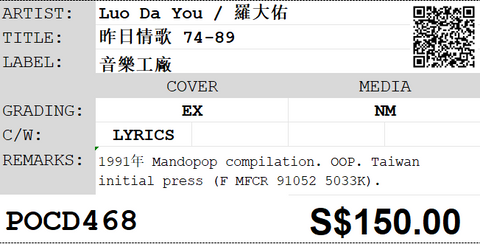 [Pre-owned] Luo Da You / 羅大佑 - 昨日情歌 74-89