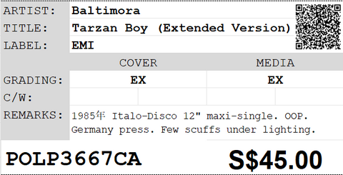 [Pre-owned] Baltimora - Tarzan Boy (Extended Version) 12" Maxi-Single 45rpm
