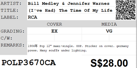 [Pre-owned] Bill Medley & Jennifer Warnes - (I've Had) The Time Of My Life 12" Maxi-Single 45rpm